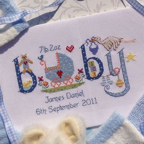Baby Boy Birth Sampler printed cross stitch chart by Nia Cross Stitch